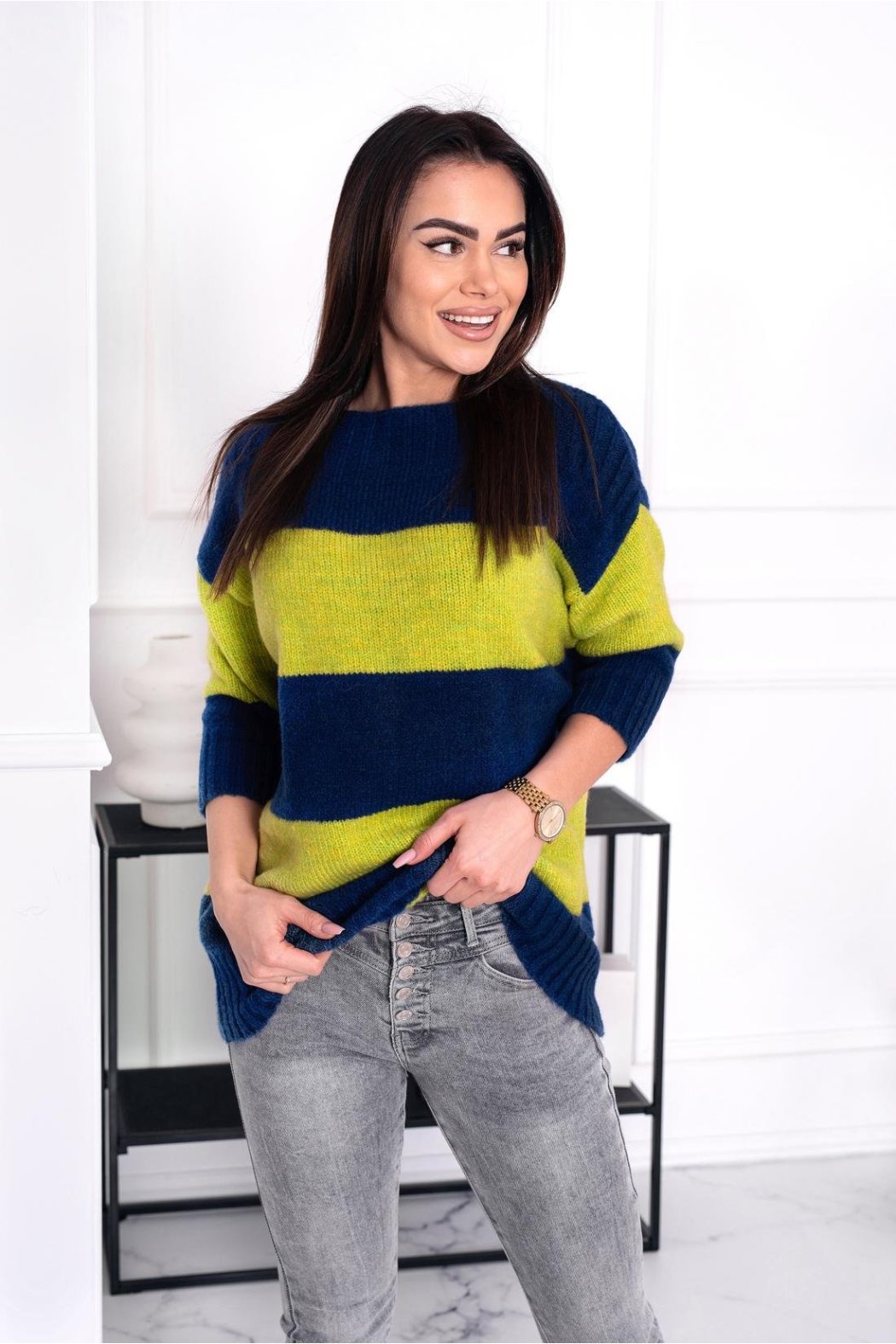 SWETER DAMSKI W PASY MEGI GRANATOWY