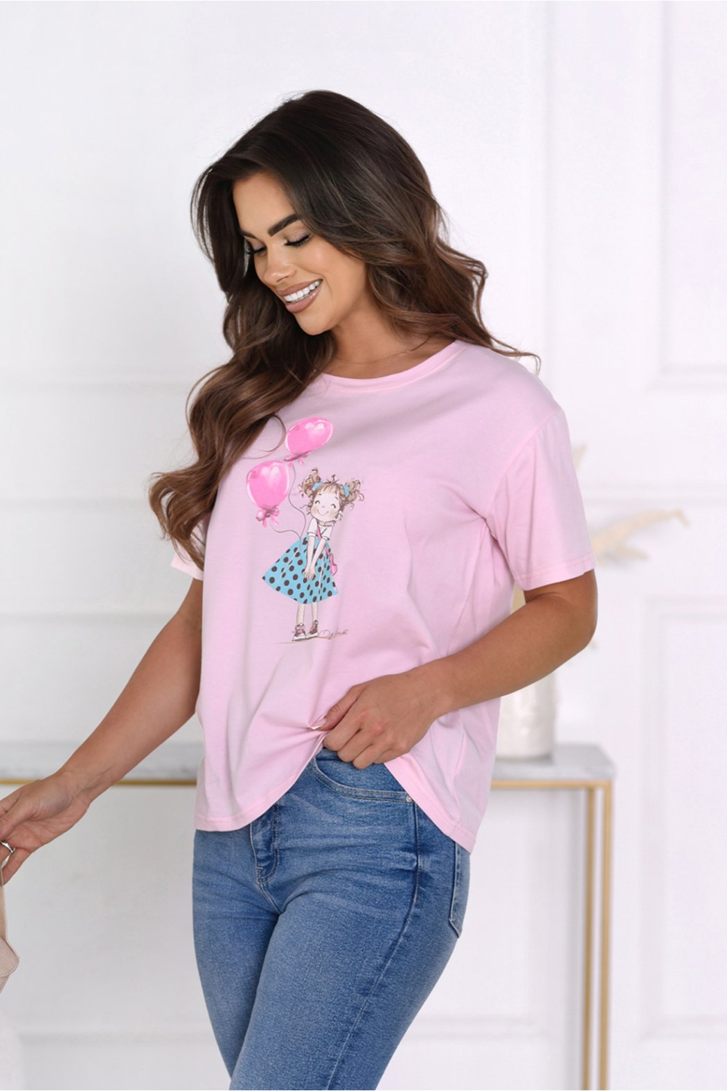 T-SHIRT DAMSKI BAWEŁNIANY Z KOLOROWYM NADRUKIEM - ROSANA