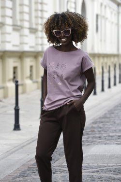 BLUZKA DAMSKA Z KRÓTKIM RĘKAWEM I NADRUKIEM - ŁĄKA