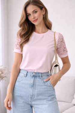 T-SHIRT DAMSKI Z KORONKOWYM RĘKAWEM DULCE